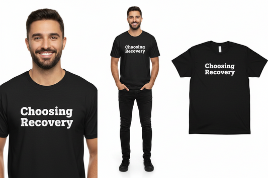 Person wearing a black 'Choosing Recovery' t-shirt with additional shirts displayed.