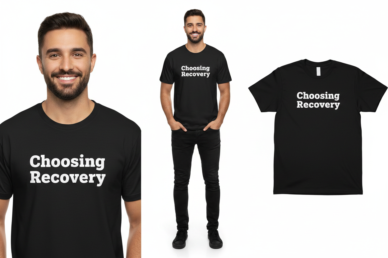 Person wearing a black 'Choosing Recovery' t-shirt with additional shirts displayed.
