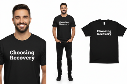 Person wearing a black 'Choosing Recovery' t-shirt with additional shirts displayed.