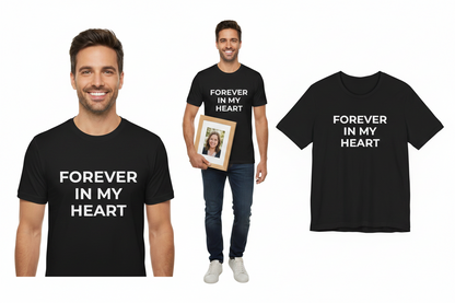 Man wearing a black t-shirt with 'Forever in My Heart' text, holding a photo frame.