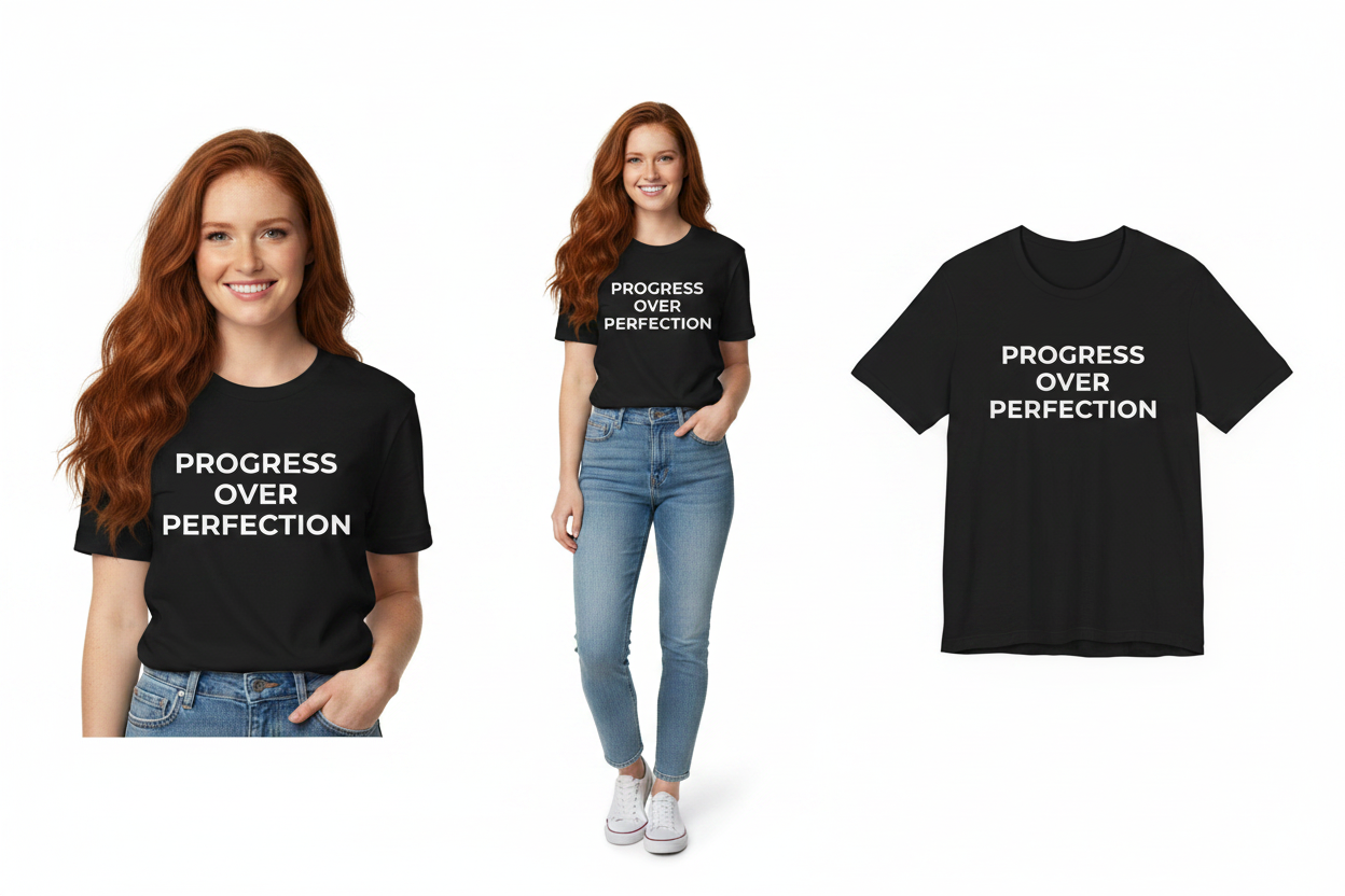 Woman wearing a black t-shirt with 'Progress Over Perfection' text, standing against a white background.