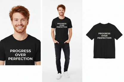 Person wearing a black t-shirt with 'Progress Over Perfection' text, displayed on a white background.
