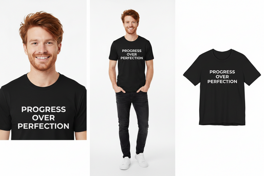 Person wearing a black t-shirt with 'Progress Over Perfection' text, displayed on a white background.