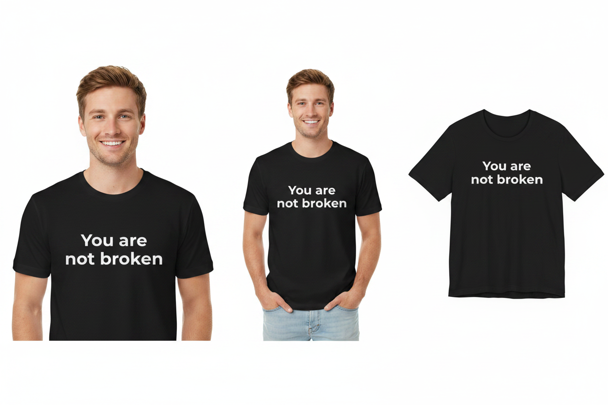Two men wearing black t-shirts with 'You are not broken' text, and a close-up of the t-shirt.
