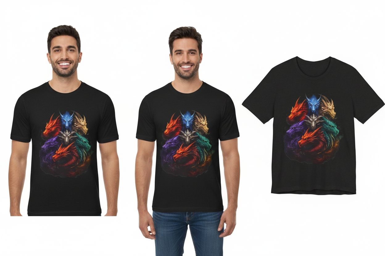 Two men wearing black t-shirts with a colorful dragon design, one is shown from the front and the other is displayed on a white background.