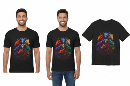 Two men wearing black t-shirts with a colorful dragon design, one is shown from the front and the other is displayed on a white background.
