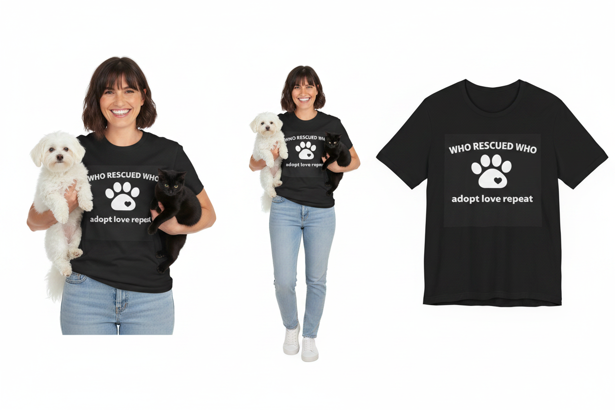 Two people wearing black t-shirts with paw prints and text, holding dogs, and a close-up of a similar t-shirt on a white background.