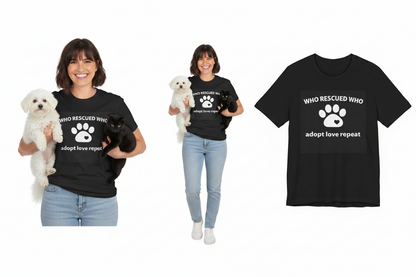 Two people wearing black t-shirts with paw prints and text, holding dogs, and a close-up of a similar t-shirt on a white background.