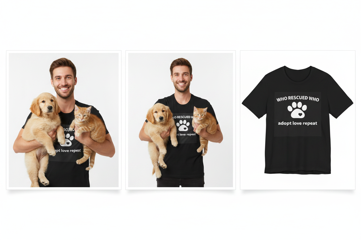 Three images showing a person holding a puppy and a cat, with a t-shirt featuring a paw print design and text.