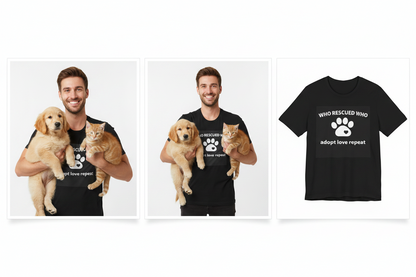 Three images showing a person holding a puppy and a cat, with a t-shirt featuring a paw print design and text.