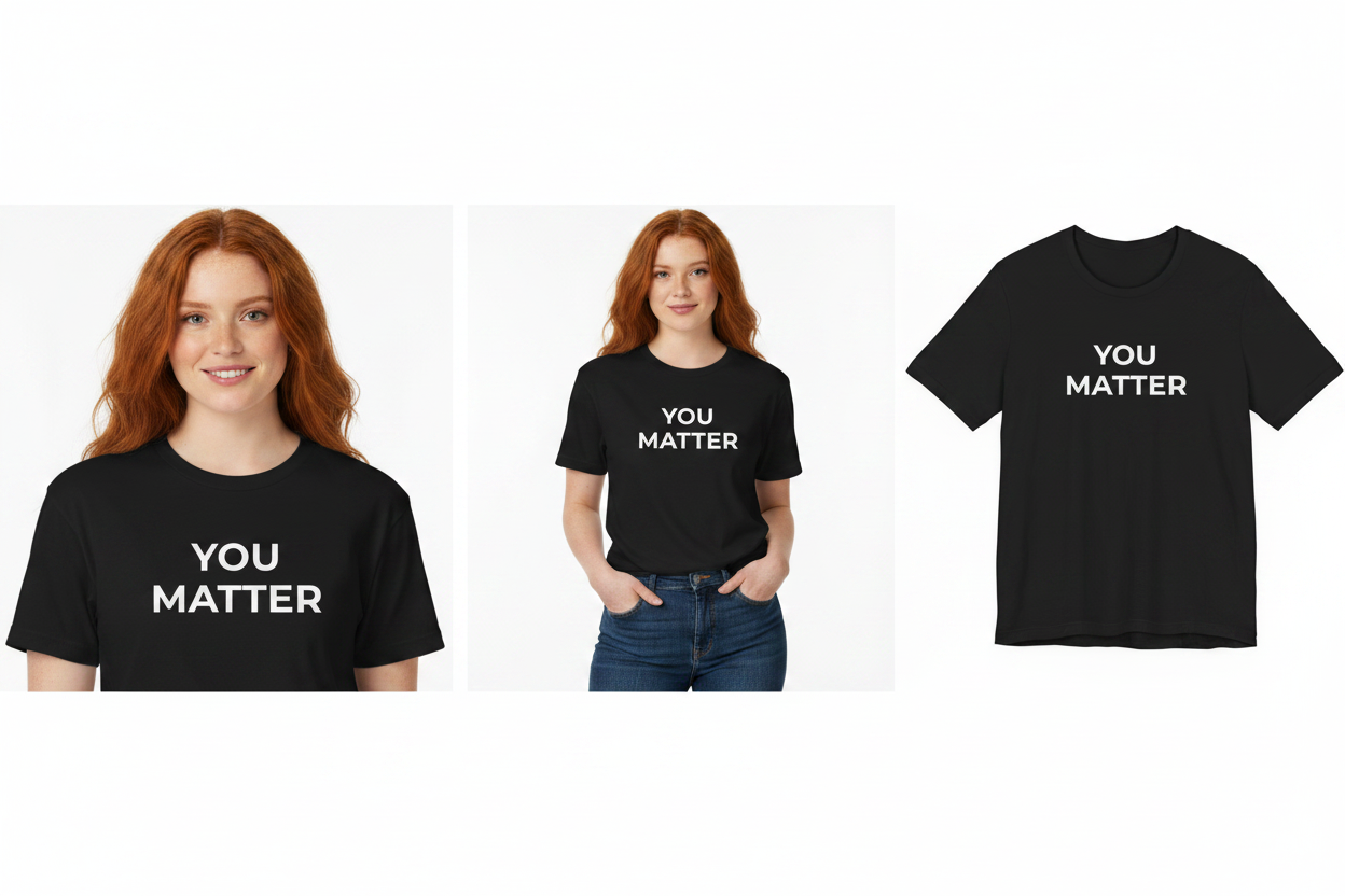 Person wearing a black t-shirt with 'YOU MATTER' text, followed by a close-up of the t-shirt.