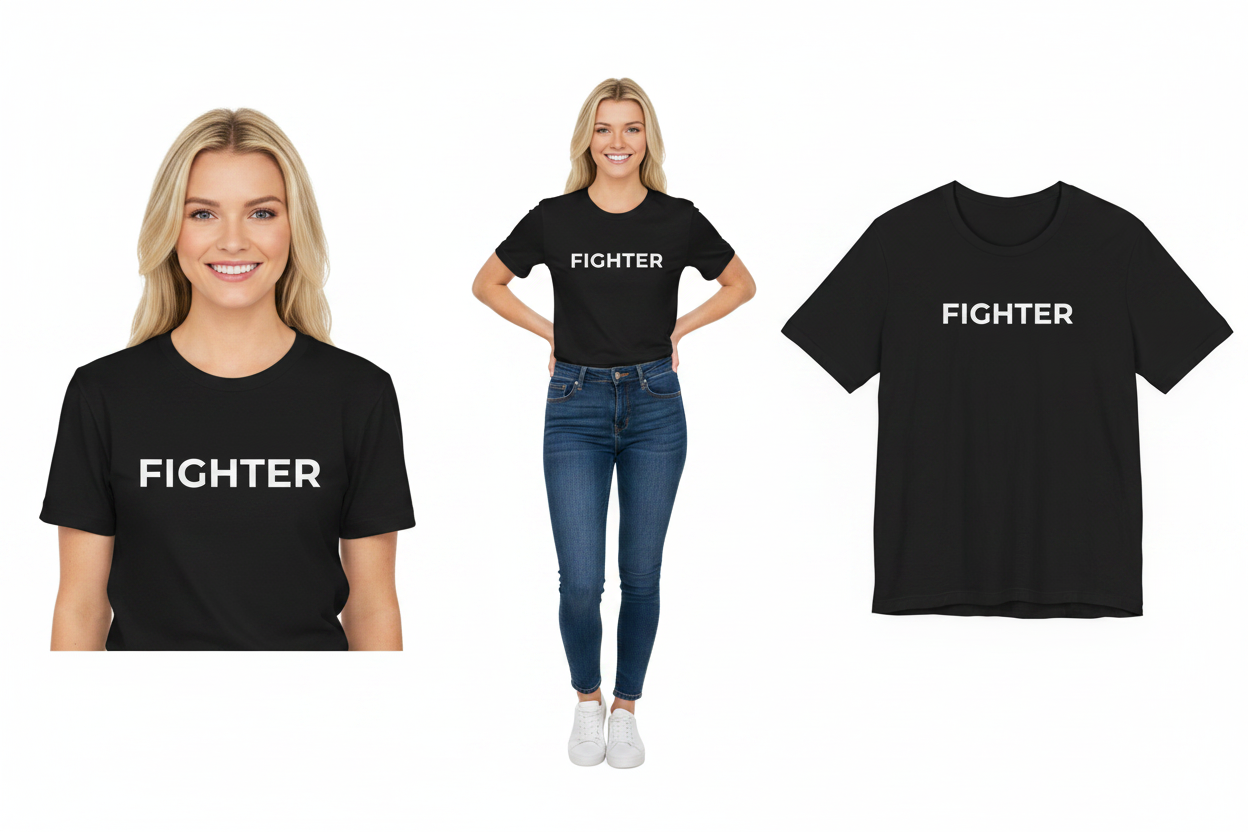 Black t-shirt with 'FIGHTER' text worn by a person, displayed on a white background.