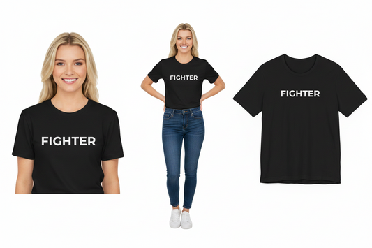 Black t-shirt with 'FIGHTER' text worn by a person, displayed on a white background.