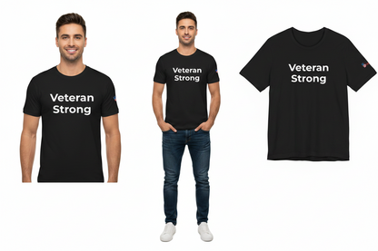 Two men wearing 'Veteran Strong' t-shirts with a third t-shirt displayed separately.