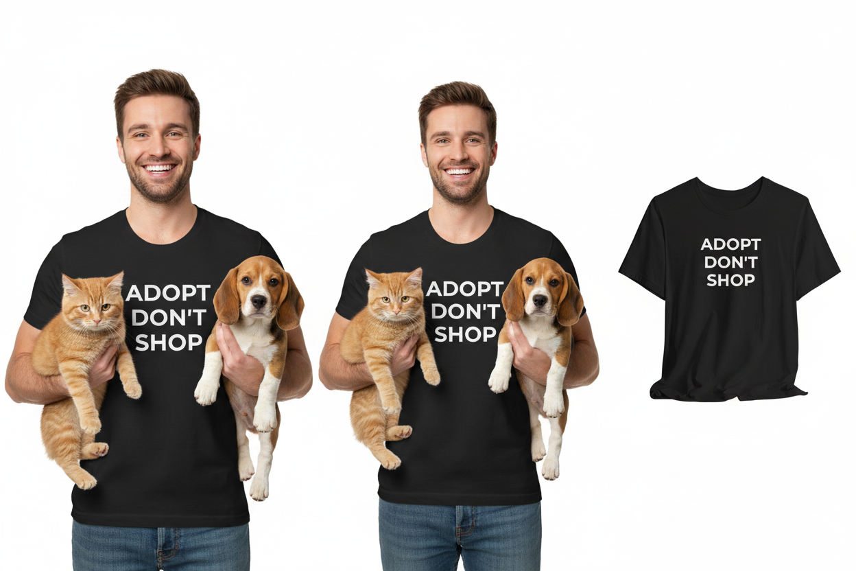 Two men wearing black t-shirts with 'Adopt Don't Shop' text, one holding a cat and the other a dog, with an additional t-shirt on the side.