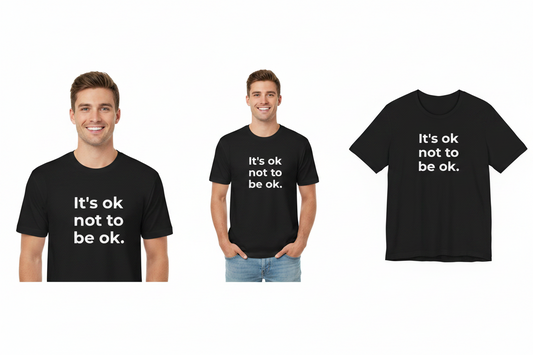 Two men wearing black t-shirts with the text 'It's ok not to be ok.' on a white background.