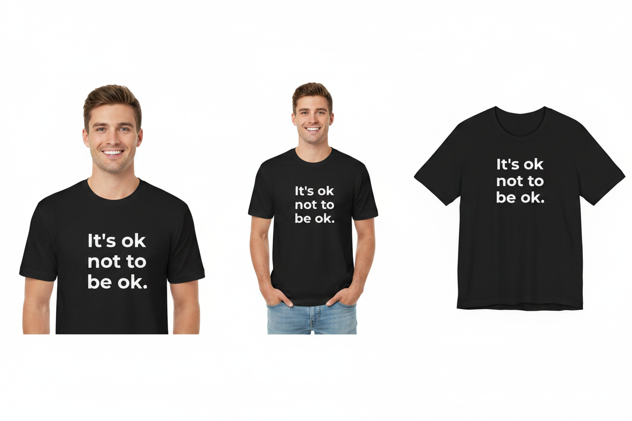 Two men wearing black t-shirts with the text 'It's ok not to be ok.' on a white background.