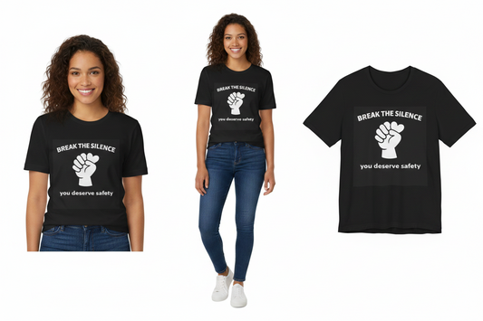 Black t-shirt with a raised fist graphic and text worn by a model on a white background