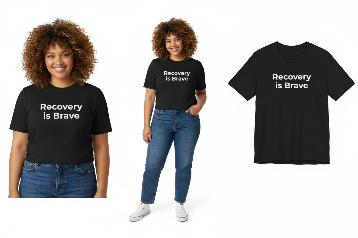 Two people wearing 'Recovery is Brave' t-shirts on a white background