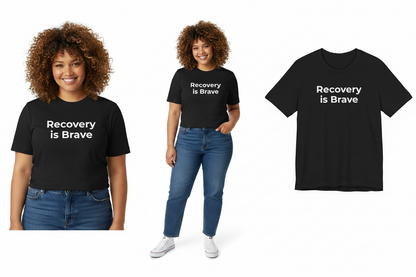Two people wearing 'Recovery is Brave' t-shirts on a white background