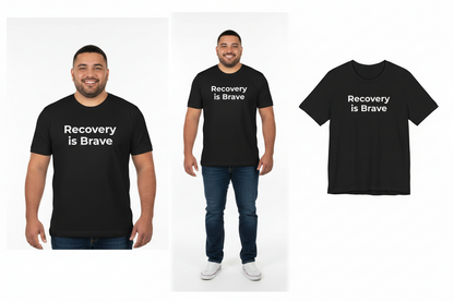 Person wearing a black t-shirt with 'Recovery is Brave' text, with additional shirt image on the side.
