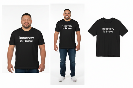 Person wearing a black t-shirt with 'Recovery is Brave' text, with additional shirt image on the side.