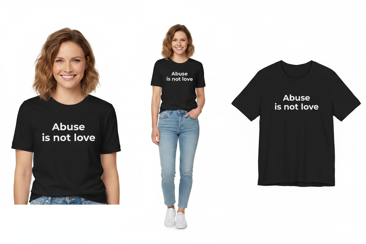 Two people wearing black t-shirts with 'Abuse is not love' text, and a close-up of the t-shirt.