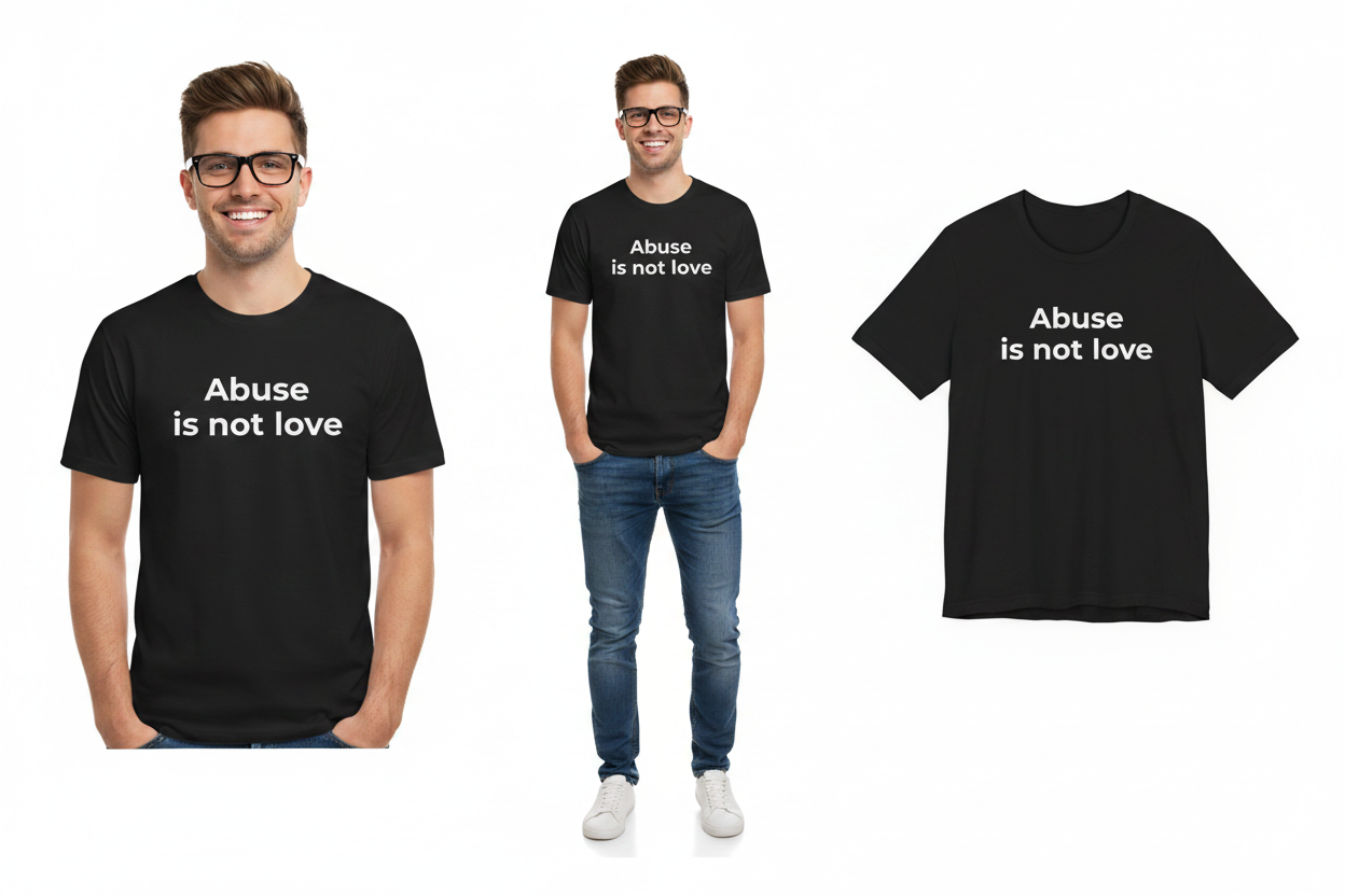 Black t-shirt with 'Abuse is not love' text worn by a person, displayed on a white background.