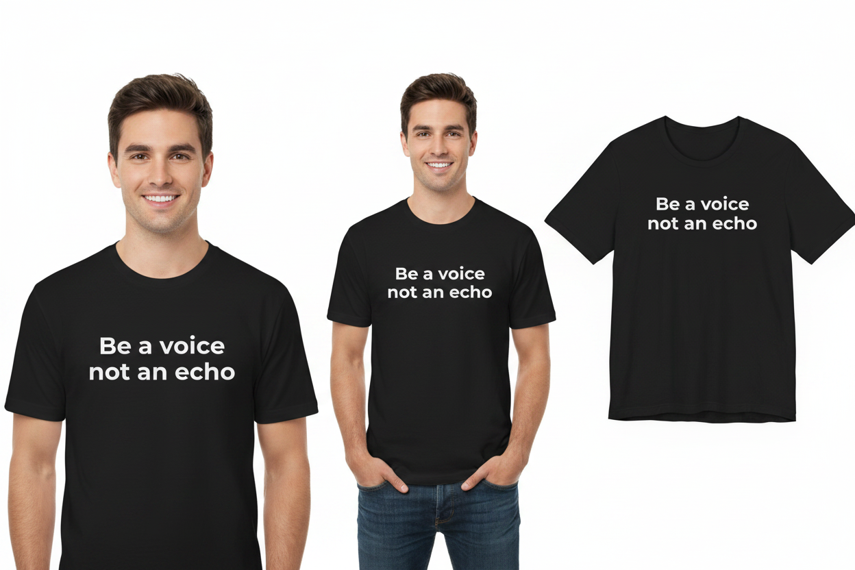 Two people wearing black t-shirts with 'Be a voice not an echo' text, and a close-up of the t-shirt.