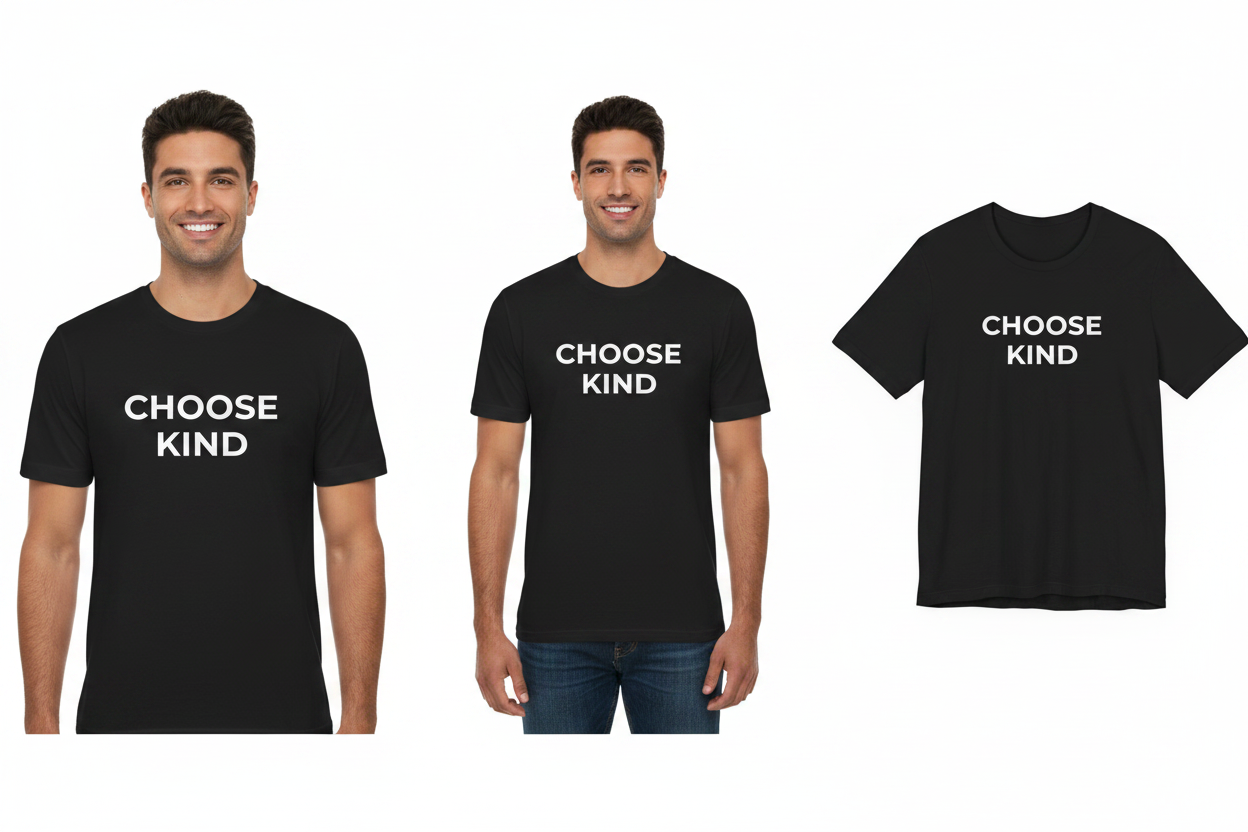 Two people wearing black t-shirts with 'CHOOSE KIND' text, alongside a close-up of the t-shirt.