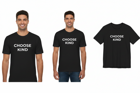 Two people wearing black t-shirts with 'CHOOSE KIND' text, alongside a close-up of the t-shirt.