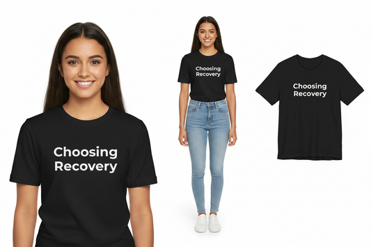 Two people wearing black t-shirts with 'Choosing Recovery' text, one person is also shown from the side.