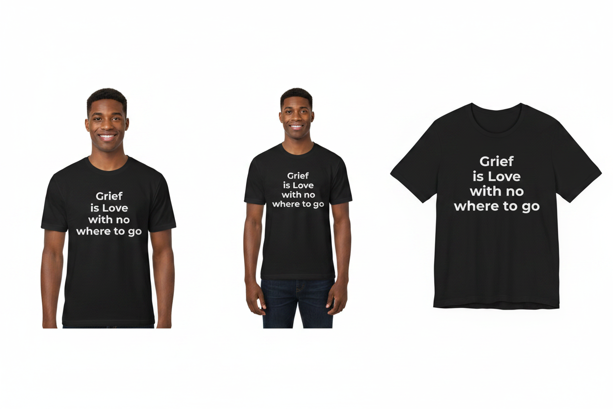 Black t-shirt with text 'Grief is love with no where to go' worn by a person, displayed on a white background.