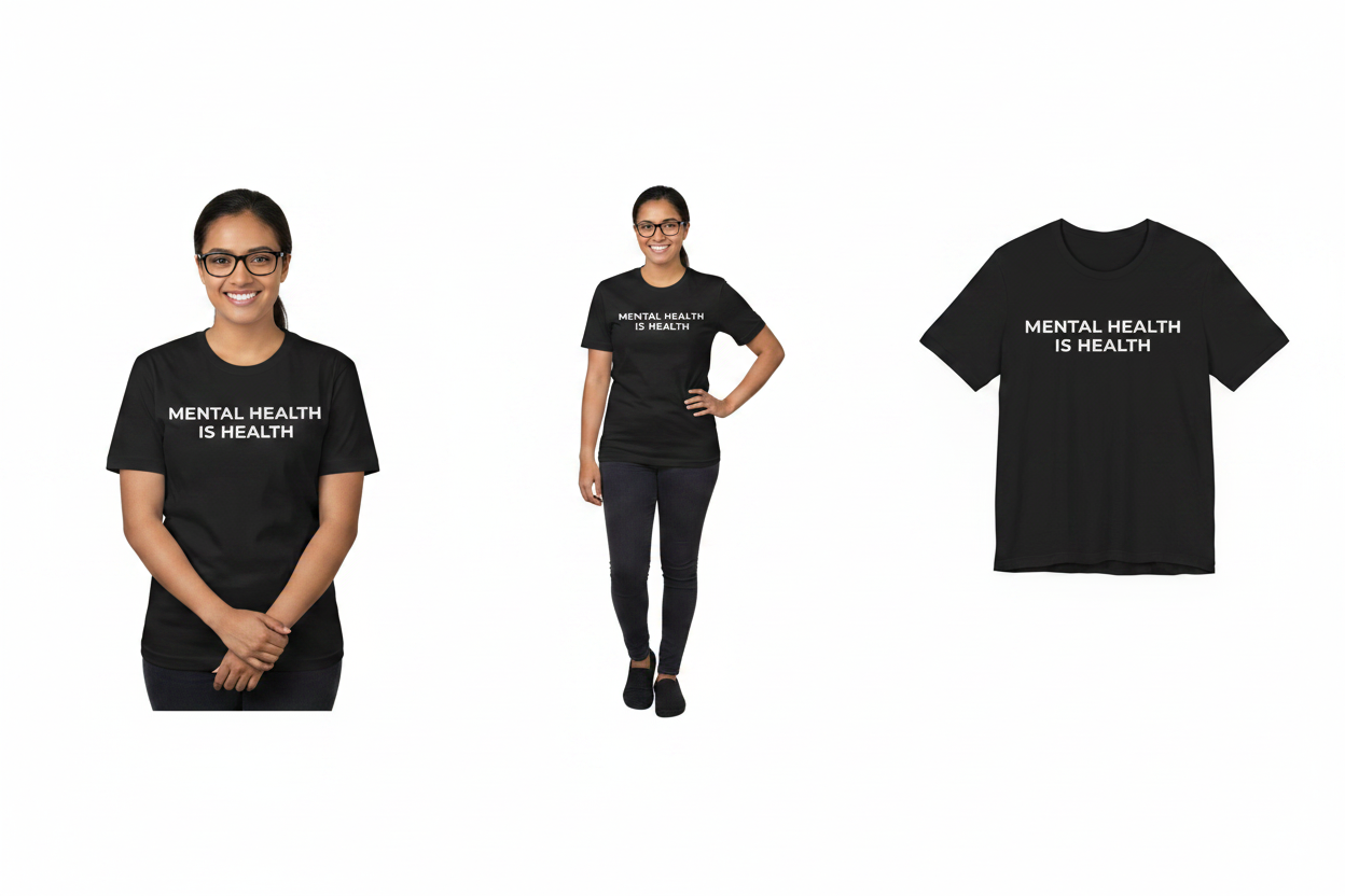 Two people wearing black t-shirts with 'Mental Health is Health' text on a white background.