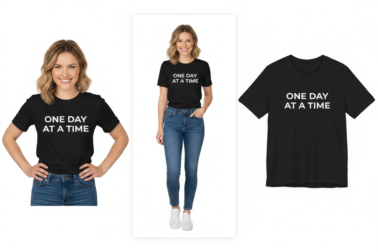 Two people wearing black t-shirts with 'ONE DAY AT A TIME' text, alongside a plain black t-shirt with the same text.