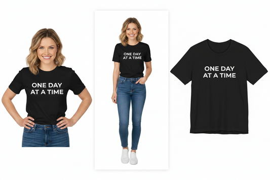 Two people wearing black t-shirts with 'ONE DAY AT A TIME' text, alongside a plain black t-shirt with the same text.