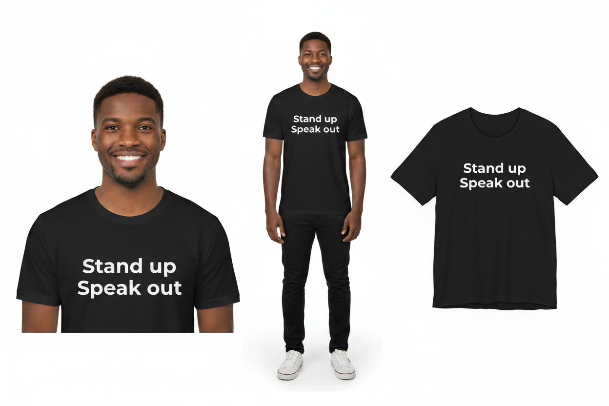 Person wearing a black t-shirt with 'Stand up Speak out' text, displayed on a white background.