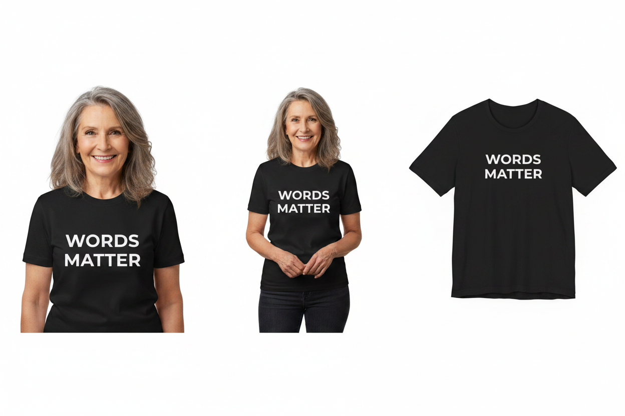 Two people wearing black t-shirts with 'WORDS MATTER' text, and a close-up of the t-shirt.