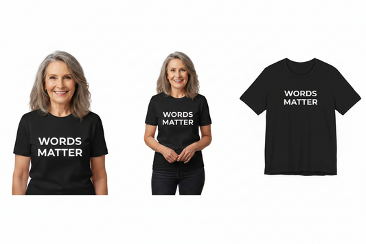 Two people wearing black t-shirts with 'WORDS MATTER' text, and a close-up of the t-shirt.