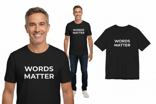 Two men wearing black t-shirts with 'WORDS MATTER' text, one on a white background.