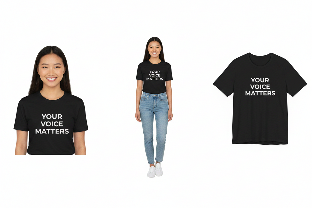 Two people wearing black t-shirts with 'YOUR VOICE MATTERS' text, and a close-up of the t-shirt.