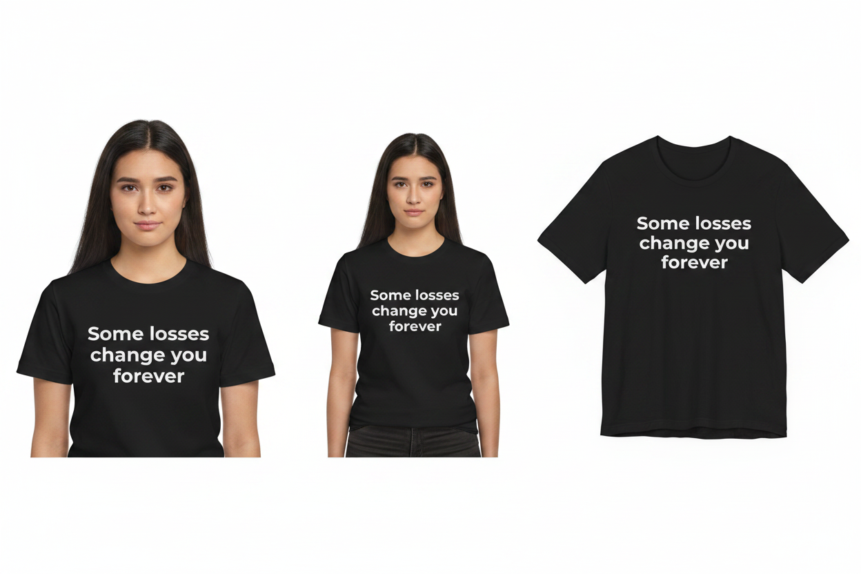 Two people wearing black t-shirts with a quote and a standalone t-shirt displaying the same quote.