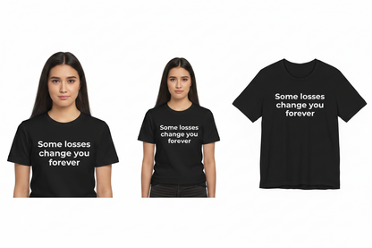 Two people wearing black t-shirts with a quote and a standalone t-shirt displaying the same quote.