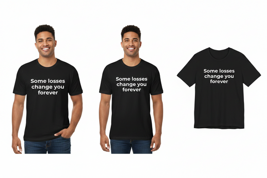 Two men wearing black t-shirts with a message and a shirt displayed separately on a white background.