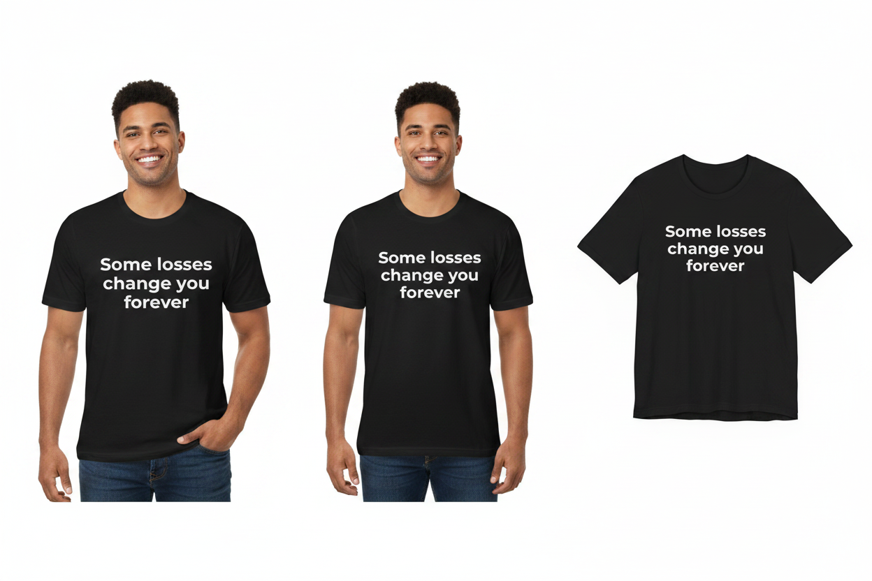 Two men wearing black t-shirts with a message and a shirt displayed separately on a white background.
