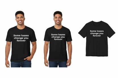 Two men wearing black t-shirts with a message and a shirt displayed separately on a white background.