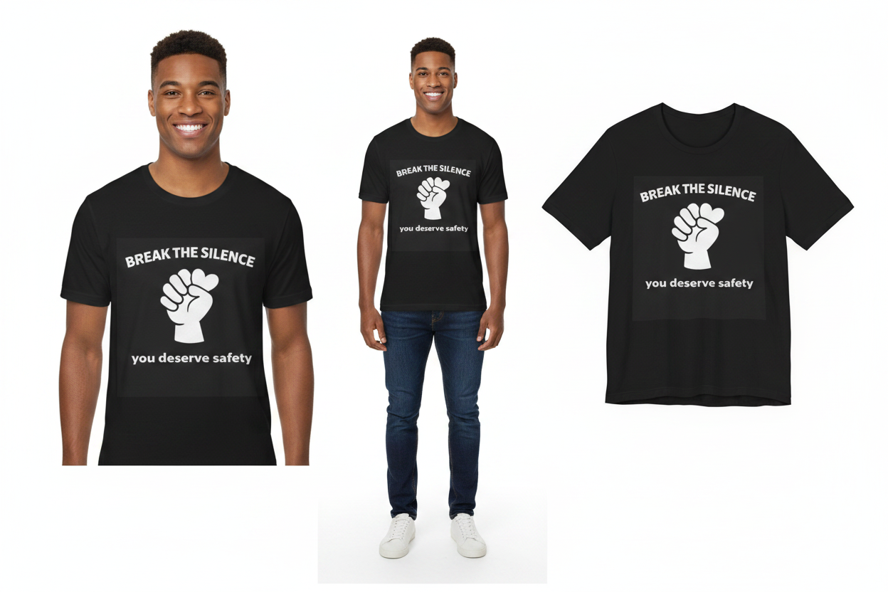 Two people wearing black t-shirts with a raised fist graphic and text on a white background
