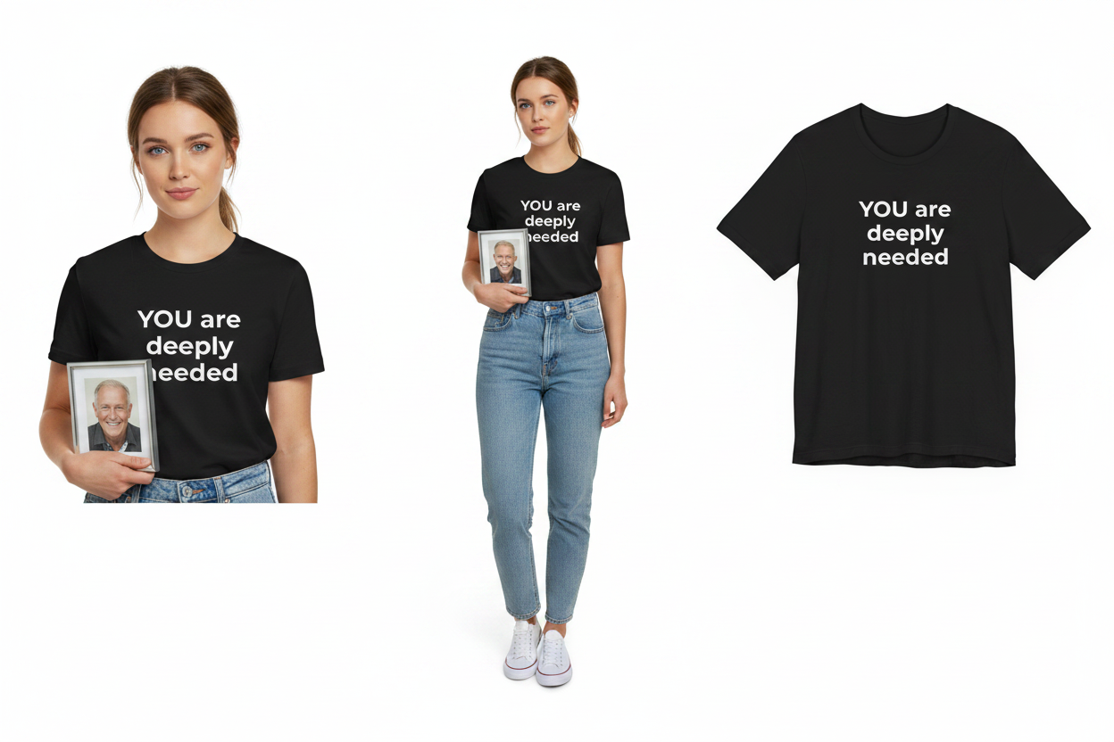 Two people wearing black t-shirts with text and a third t-shirt displayed on a white background.